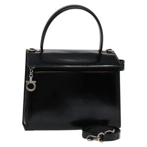 Salvatore Ferragamo Hand Bag Patent leather 2way Black Silver Auth 127849